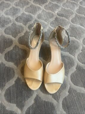 Women's Gold Open-Toe Heeled Sandals with Jeweled Ankle Strap